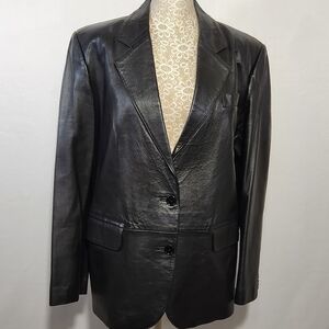 Saddlery Jacket Leather Black Women's Button Front Pockets Notch Collar Size 12